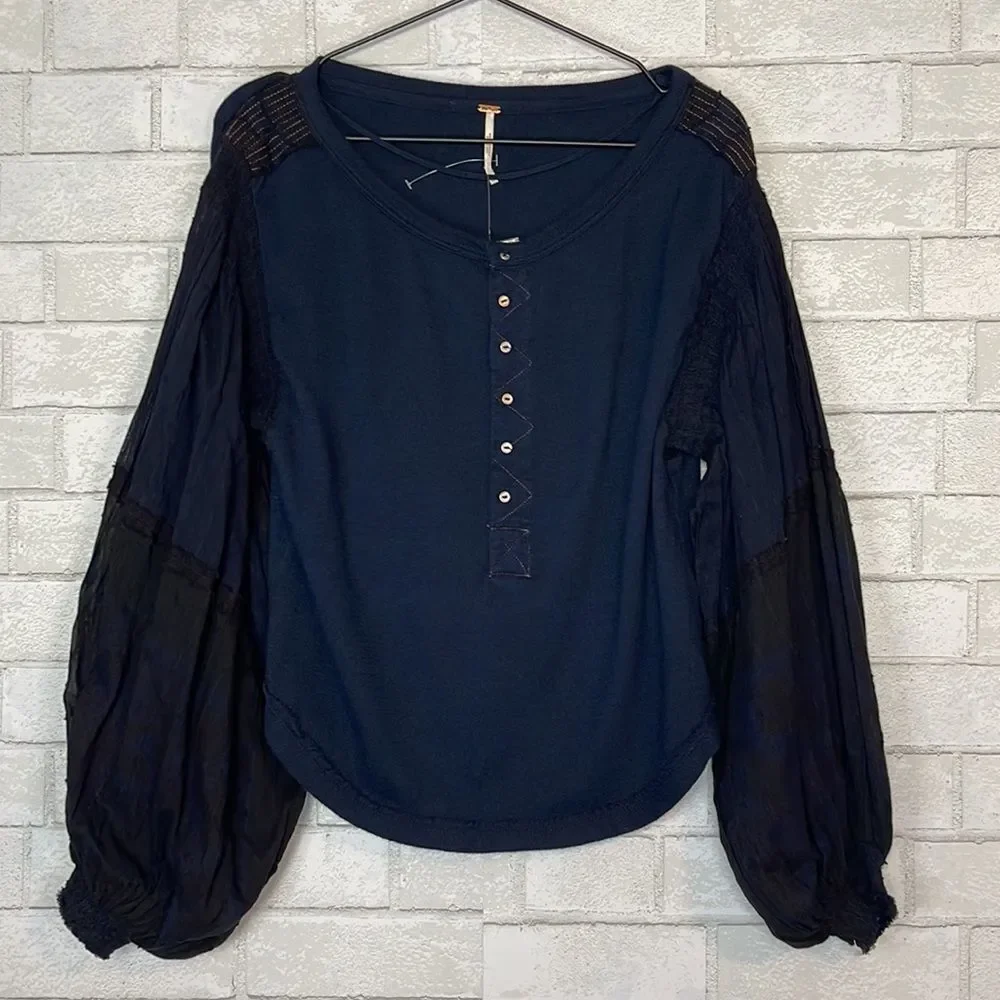 Free People Light Magic Henley Top Blouse Deep Navy XS NWT